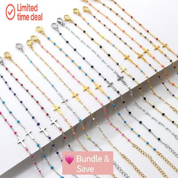 14K Gold Plated Cross Beaded Bracelet Adjustable Stainless Steel Link Chain - Picture 7 of 7